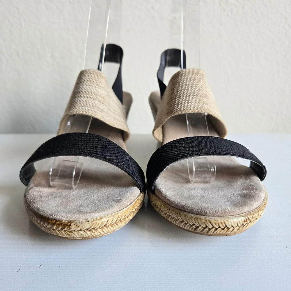 Charleston Shoe Co Womens Black Beige Elastic Strap Espadrille Wedge Sandals 9